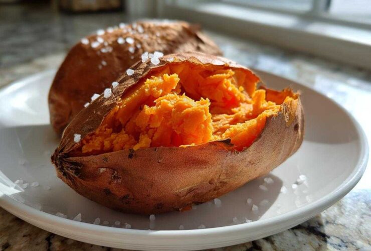 Close-up of a fluffy baked sweet potato, split open, sprinkled with coarse sea salt.