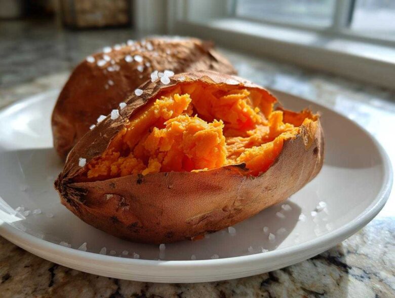 Close-up of a fluffy baked sweet potato, split open, sprinkled with coarse sea salt.