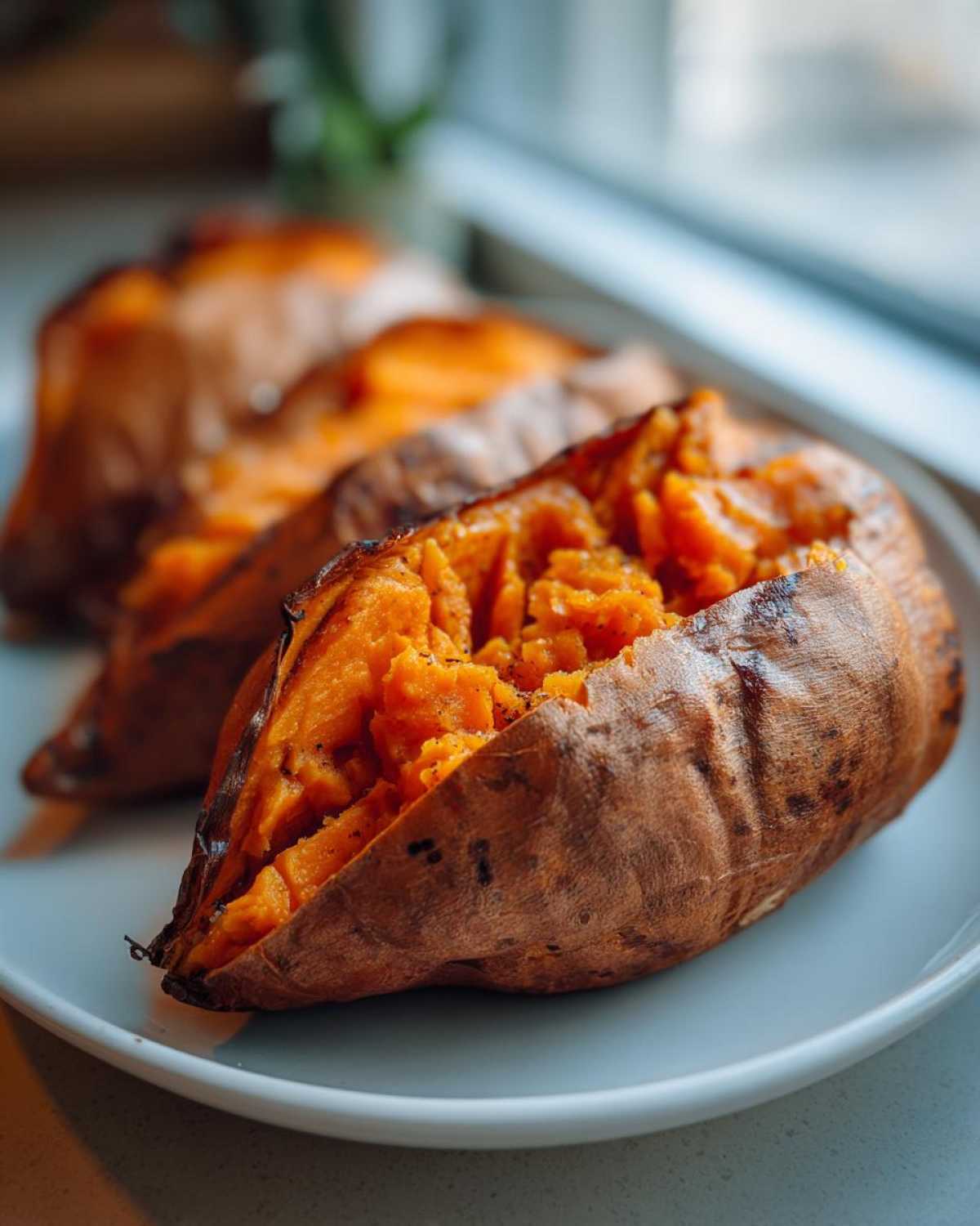 Close-up of a perfectly cooked baked sweet potatoes, split open to show the fluffy orange interior.