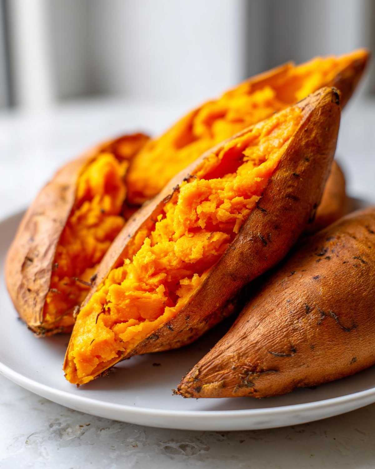 Close-up of several fluffy baked sweet potatoes, split open to show the bright orange interior.