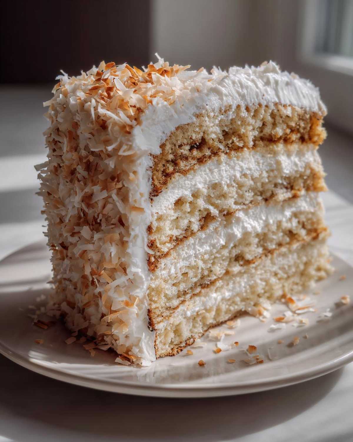 A tall, layered slice of fluffy coconut cake covered in white frosting and toasted coconut flakes.