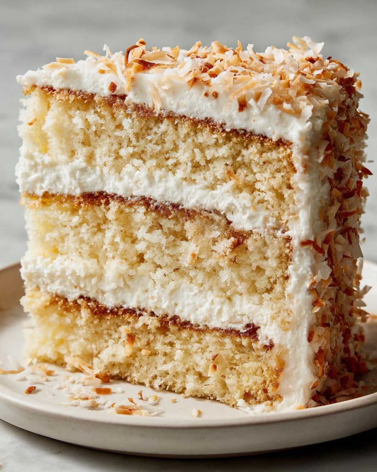 Close-up of a moist, three-layer coconut cake slice with white frosting and toasted coconut flakes.
