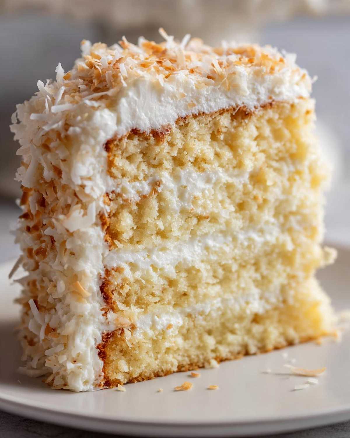 Close-up of a moist slice of coconut cake layered with white frosting and covered in toasted coconut flakes.