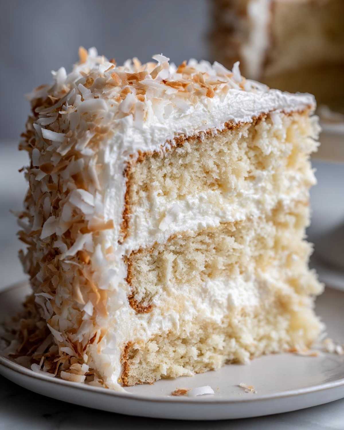 Close-up of a moist slice of coconut cake layered with white frosting and covered in toasted coconut flakes.
