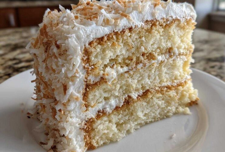 A tall, moist slice of three-layer coconut cake covered in white frosting and toasted coconut flakes.