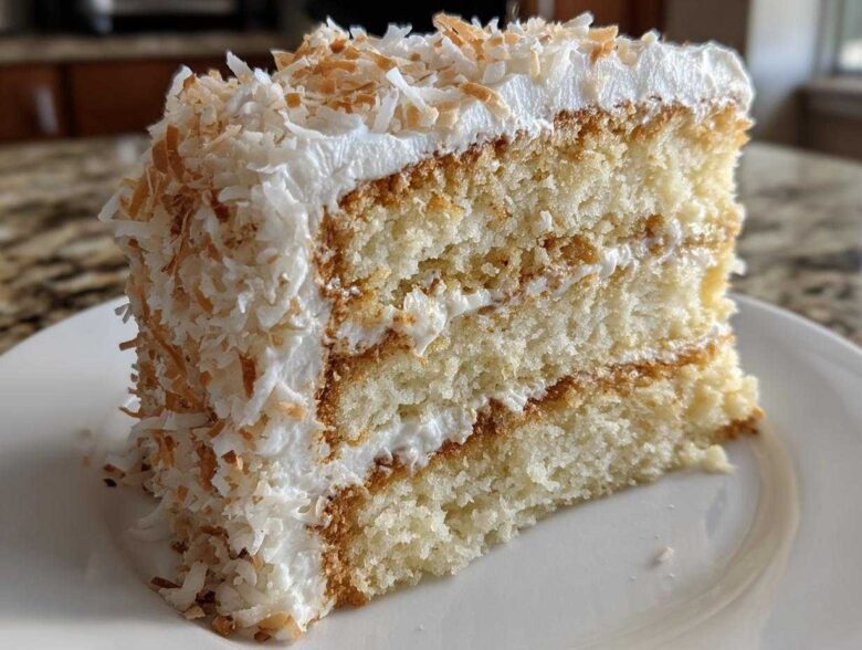 A tall, moist slice of three-layer coconut cake covered in white frosting and toasted coconut flakes.