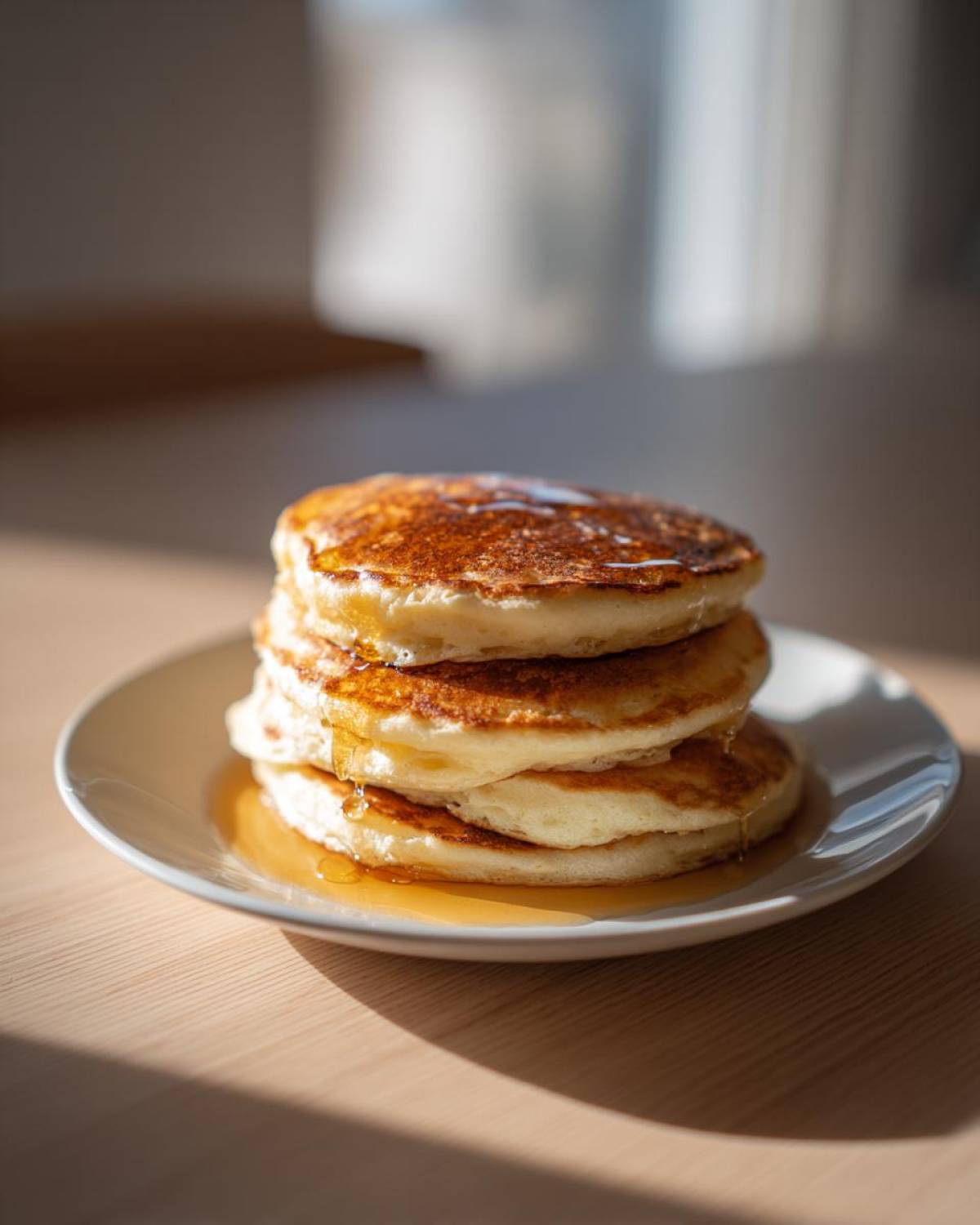A tall stack of four fluffy greek yogurt pancakes drizzled with golden syrup on a white plate.