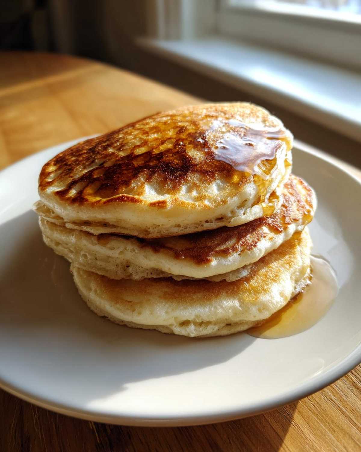 A stack of three fluffy greek yogurt pancakes drizzled with syrup on a white plate.