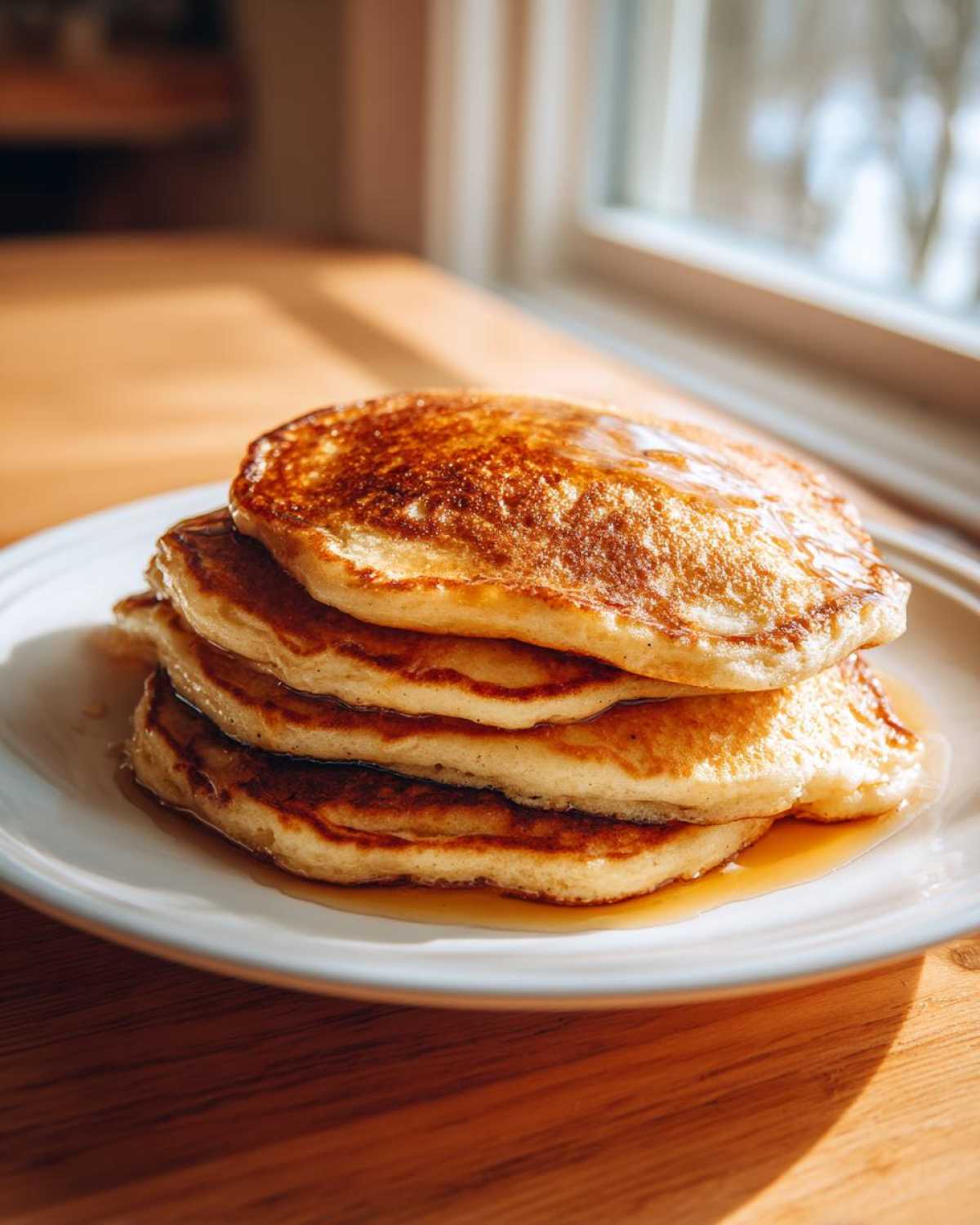 A stack of four fluffy greek yogurt pancakes drizzled with syrup, sitting on a white plate.