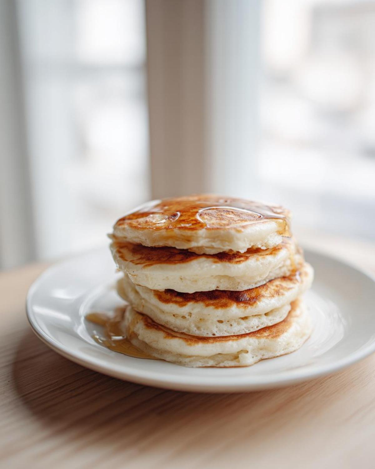 A tall stack of four fluffy greek yogurt pancakes drizzled generously with golden syrup.