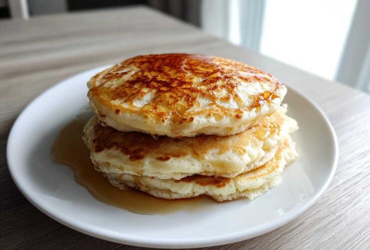 A stack of three fluffy greek yogurt pancakes drizzled generously with golden syrup on a white plate.