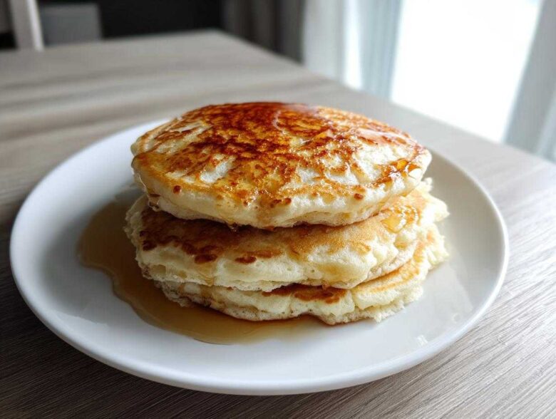 A stack of three fluffy greek yogurt pancakes drizzled generously with golden syrup on a white plate.