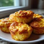 A stack of golden-brown, fluffy egg bites piled on a white plate near a window.