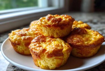 A stack of golden-brown, fluffy egg bites piled on a white plate near a window.