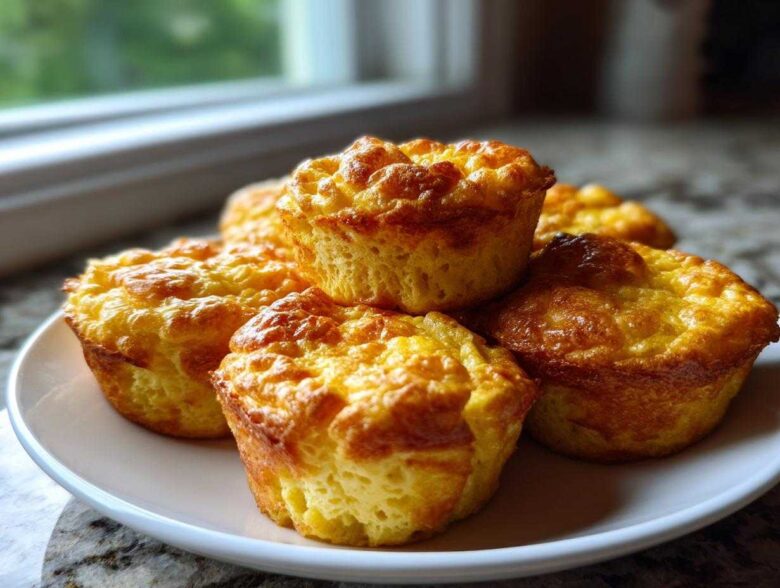 A stack of golden-brown, fluffy egg bites piled on a white plate near a window.