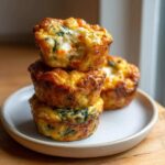 A stack of three golden-brown, fluffy muffin tin egg bites filled with spinach and cheese, served on a small plate.