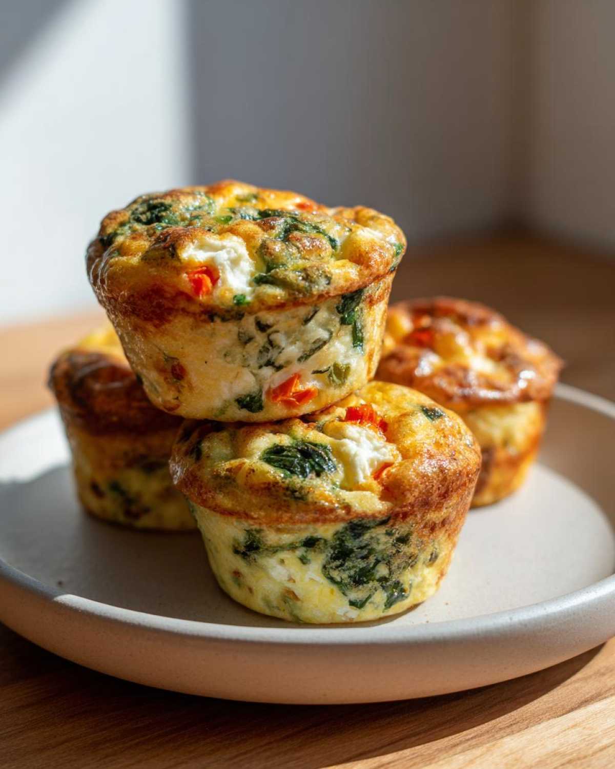 A stack of four fluffy muffin tin egg bites filled with spinach and red peppers, sitting on a light-colored plate.