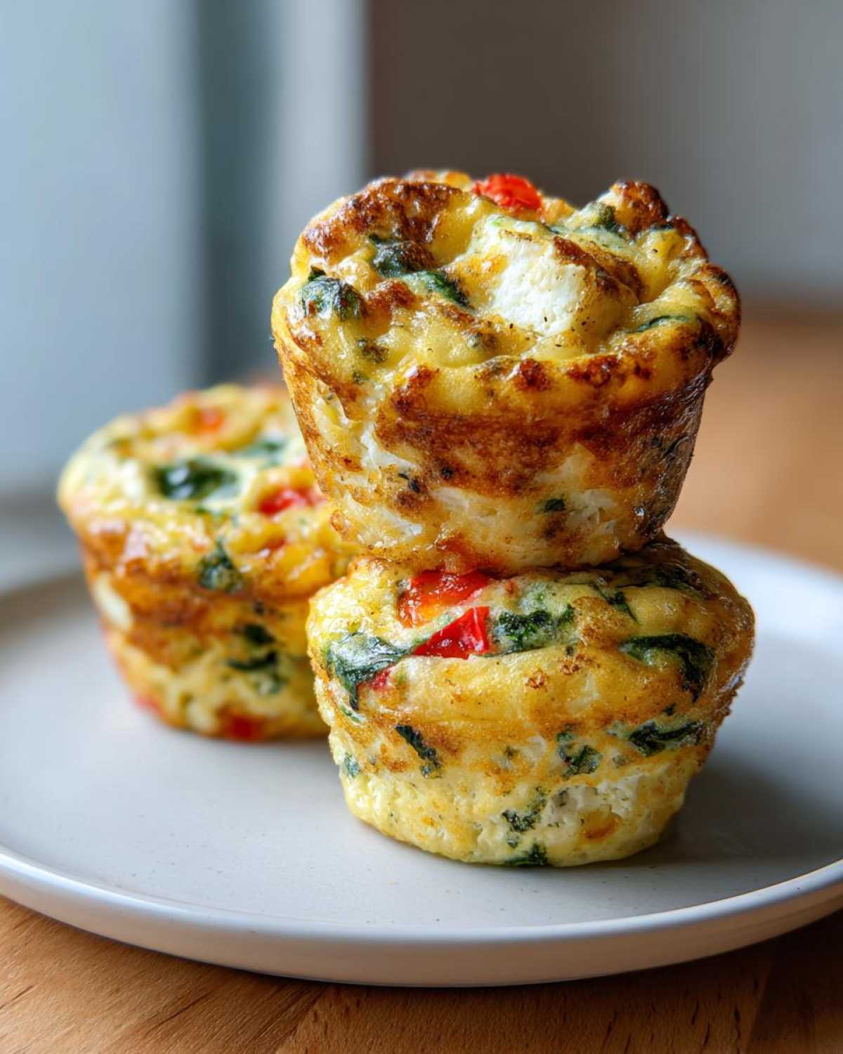 Close-up of two stacked, fluffy muffin tin egg bites filled with spinach and red peppers.