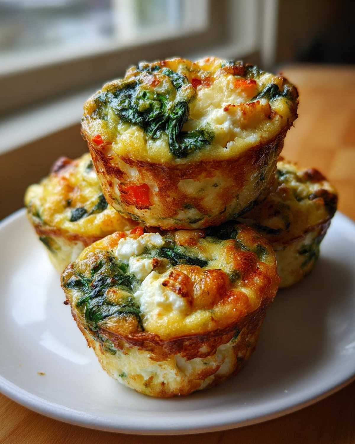 A stack of three fluffy muffin tin egg bites loaded with spinach and white cheese, perfectly golden brown.