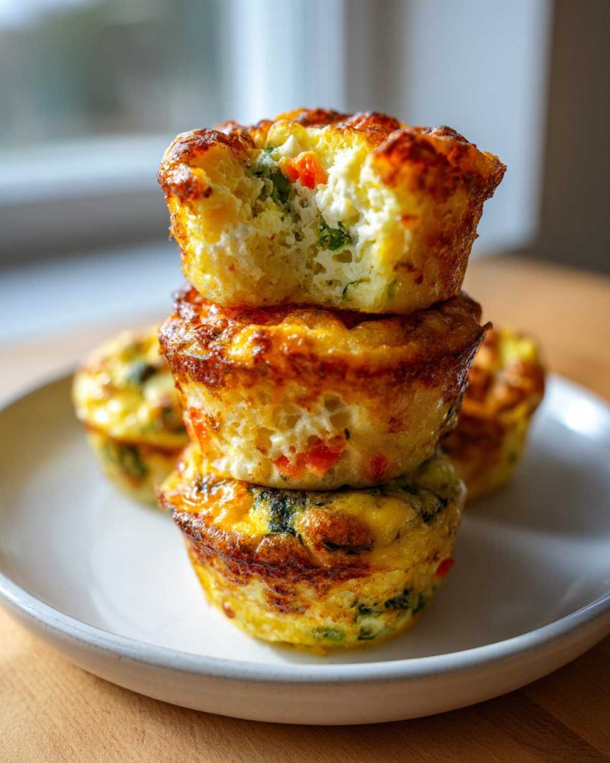 A stack of three fluffy muffin tin egg bites, one with a bite taken out, showing vegetables inside.