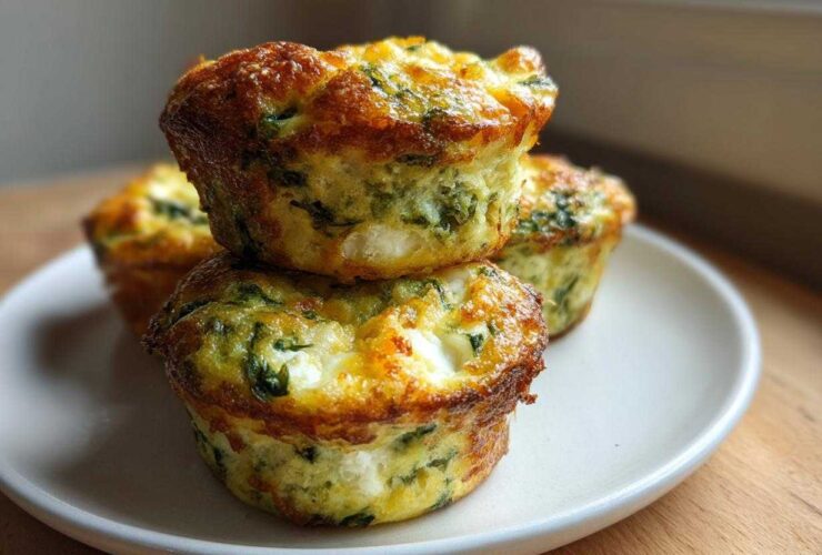 A stack of three golden-brown muffin tin egg bites with visible spinach and cheese, sitting on a white plate.