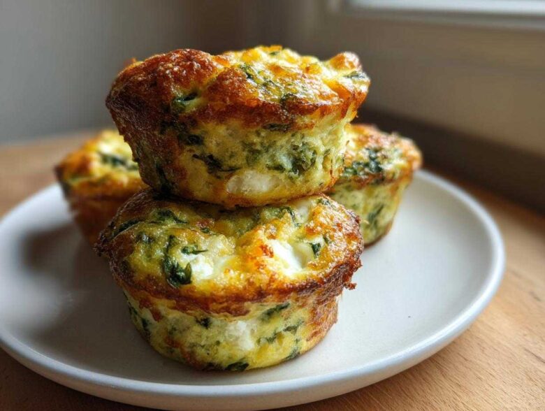 A stack of three golden-brown muffin tin egg bites with visible spinach and cheese, sitting on a white plate.