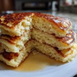 Close-up of a stack of fluffy pancakes cut in half, showing the airy interior and drizzled with syrup.