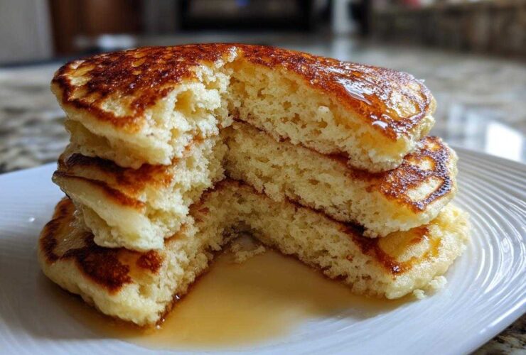 Close-up of a stack of fluffy pancakes cut in half, showing the airy interior and drizzled with syrup.