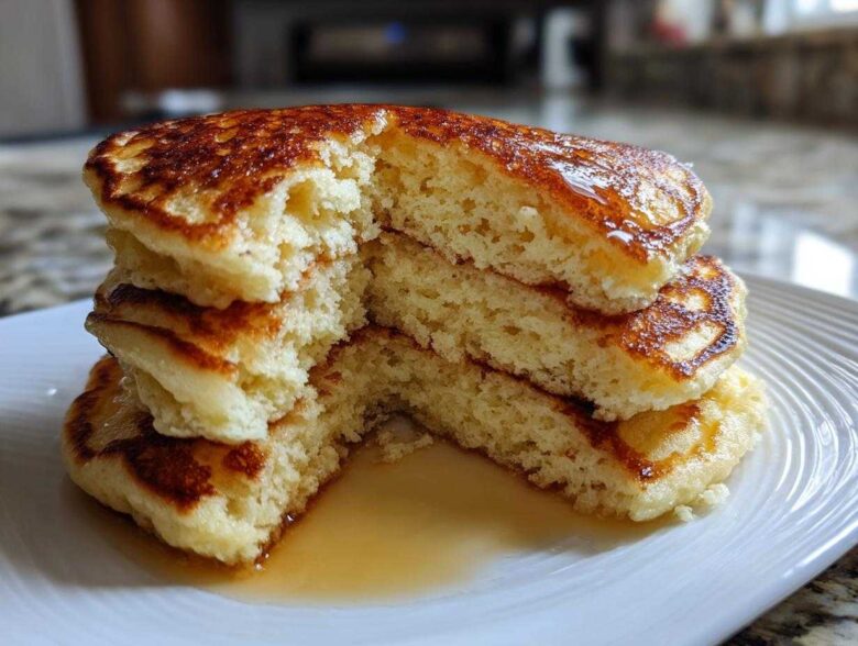 Close-up of a stack of fluffy pancakes cut in half, showing the airy interior and drizzled with syrup.