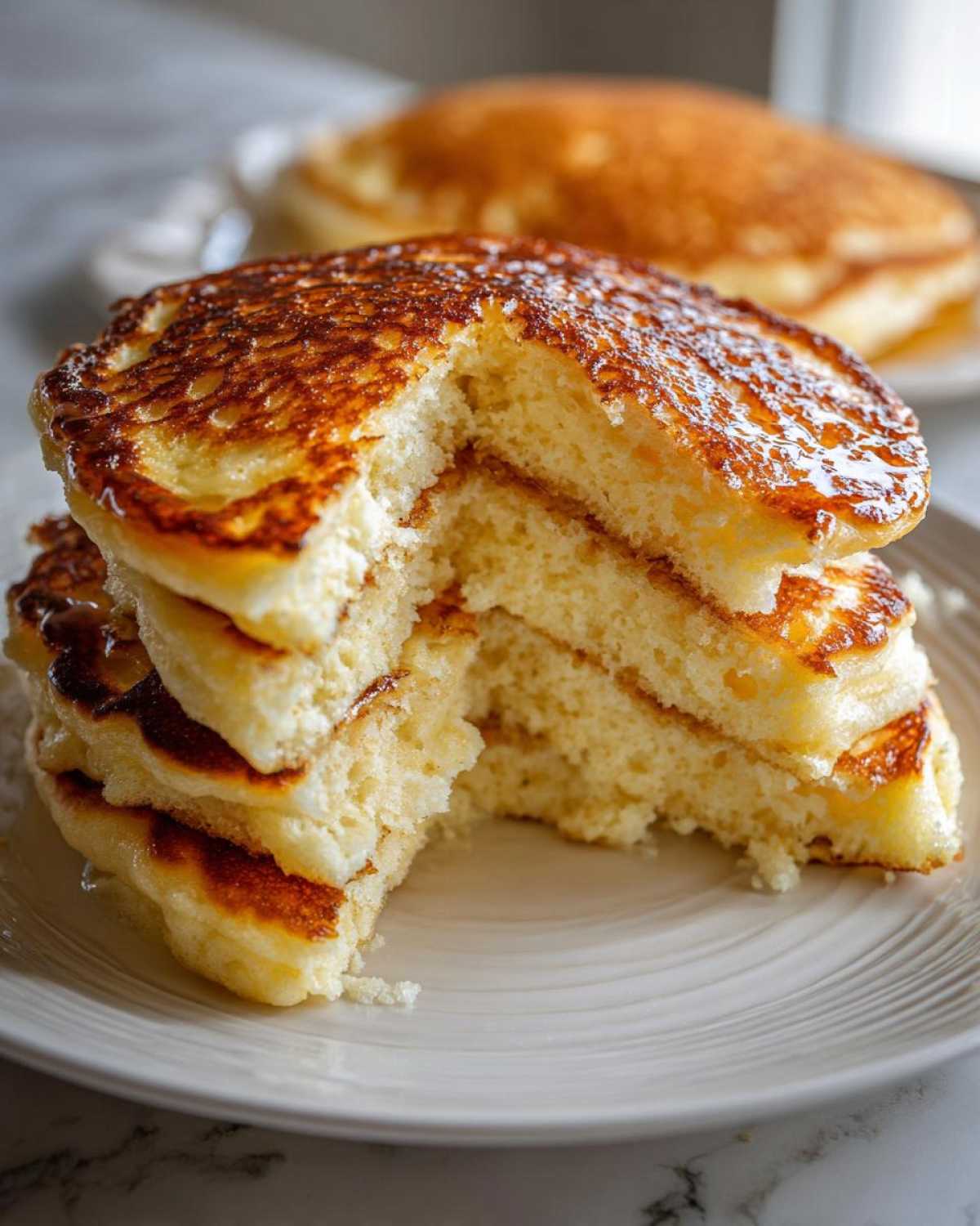 Close-up of a stack of incredibly fluffy pancakes with a bite taken out, showing the airy interior and golden brown tops drizzled with syrup.