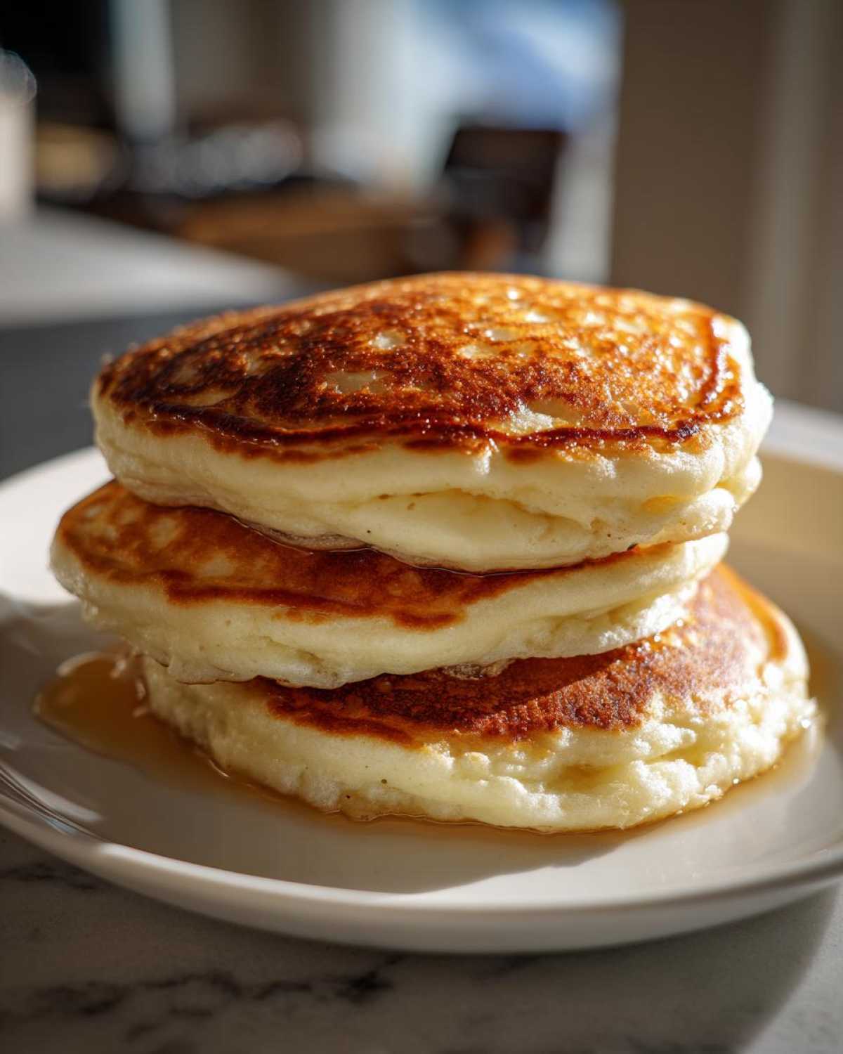 Close-up of a stack of three perfectly golden brown, fluffy pancakes drizzled with syrup on a white plate.