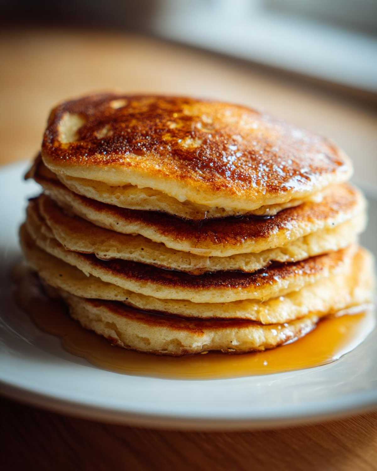 A tall stack of five golden brown sourdough pancakes drizzled with syrup on a white plate.