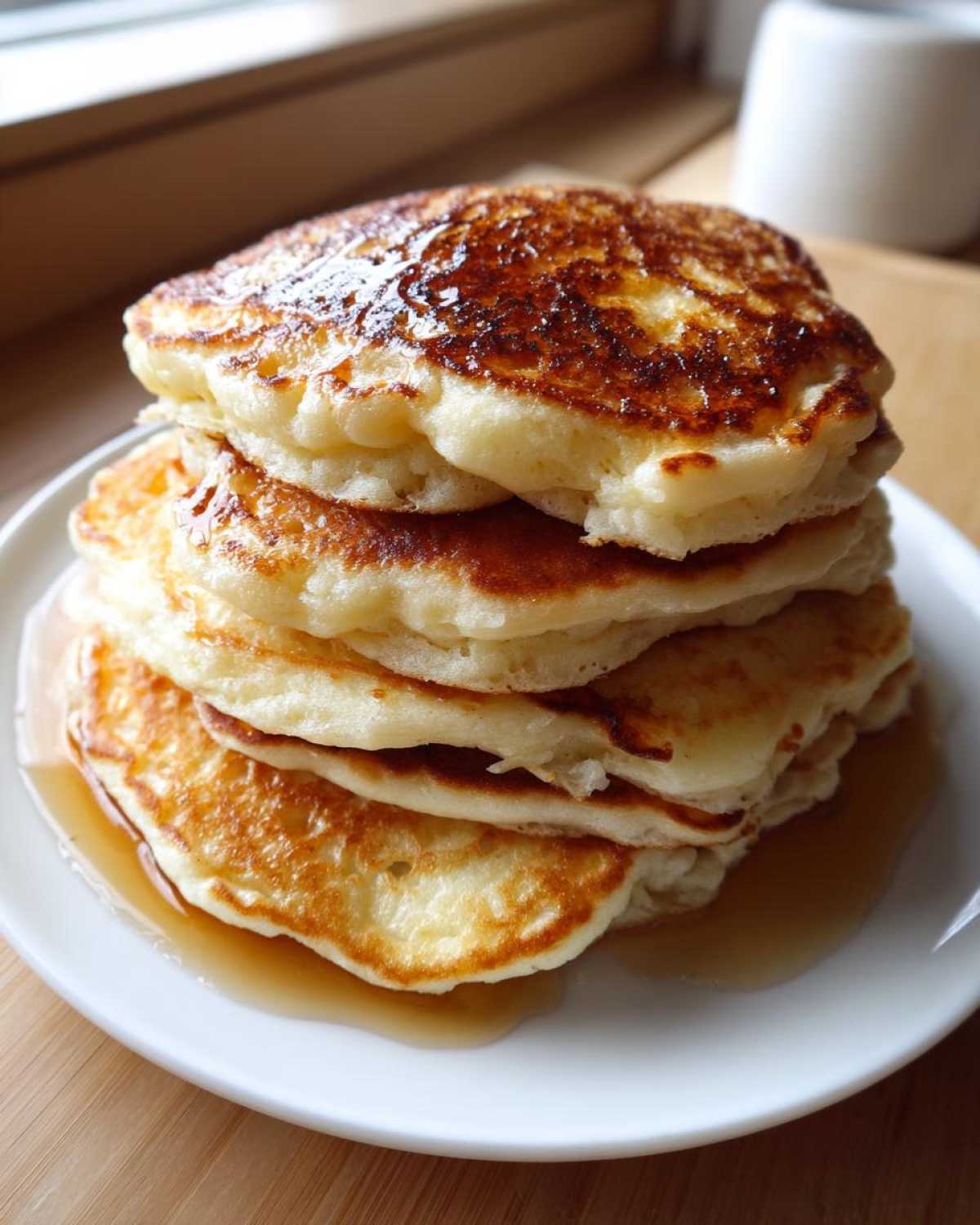 A tall stack of fluffy sourdough pancakes drizzled generously with maple syrup on a white plate.