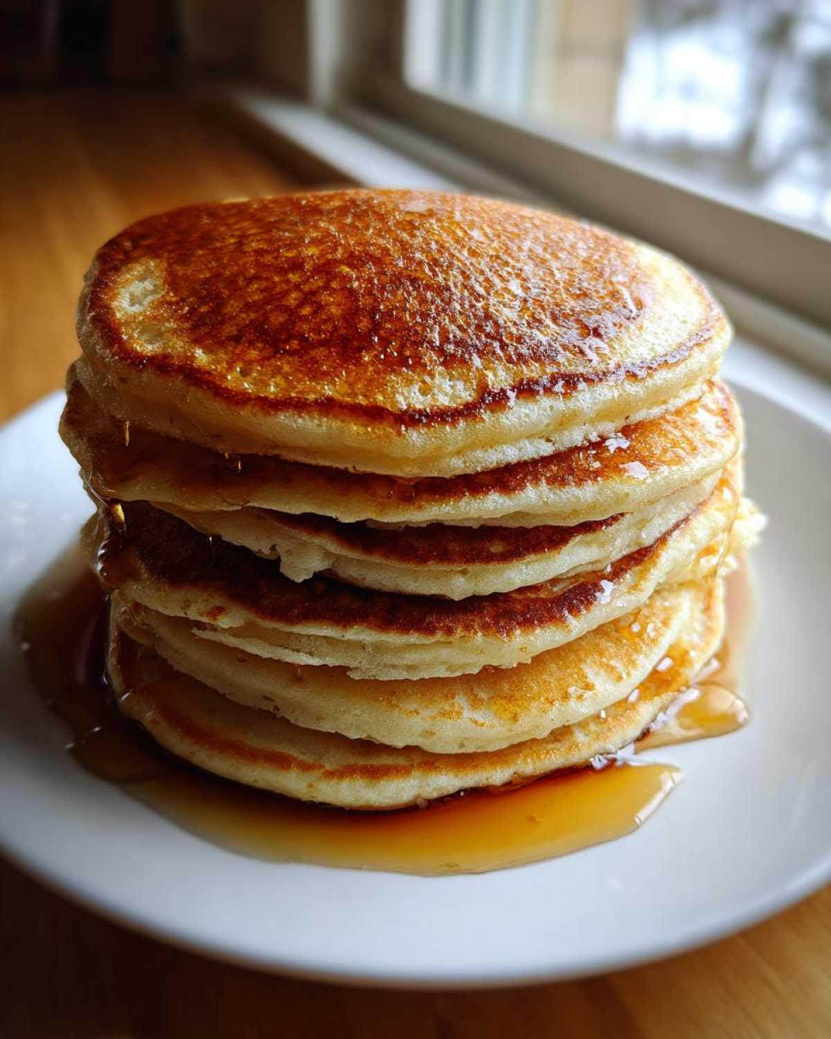 A tall stack of golden brown sourdough pancakes drizzled generously with maple syrup on a white plate.
