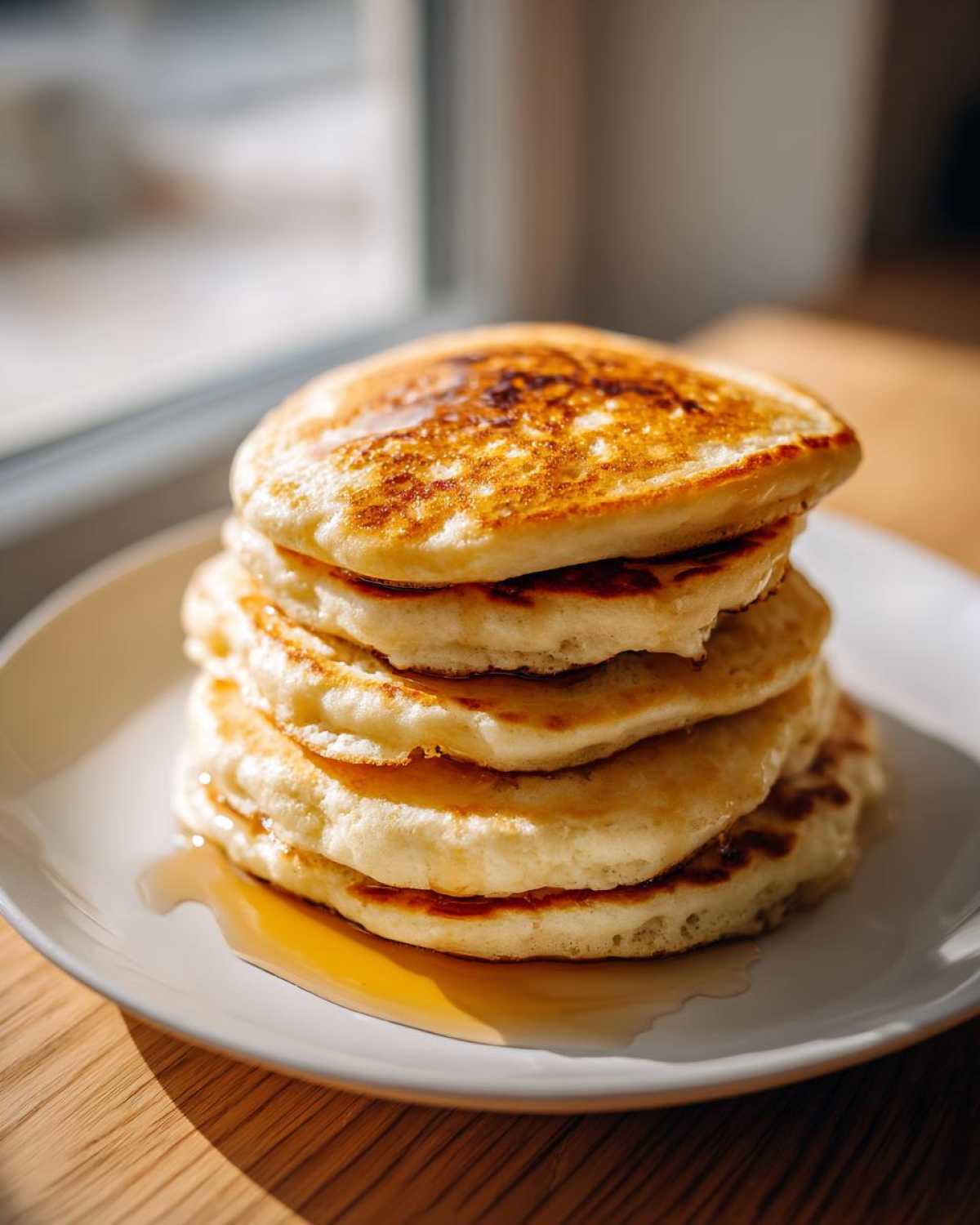 A tall stack of five fluffy sourdough pancakes drizzled with syrup on a white plate.