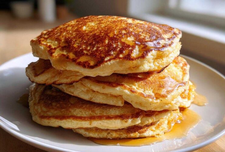 A tall stack of four fluffy sourdough pancakes drizzled generously with golden syrup on a white plate.