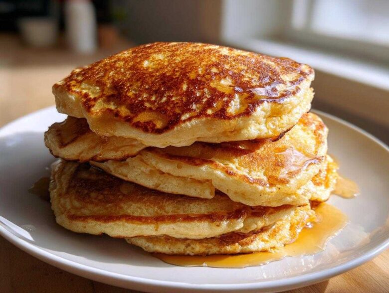 A tall stack of four fluffy sourdough pancakes drizzled generously with golden syrup on a white plate.