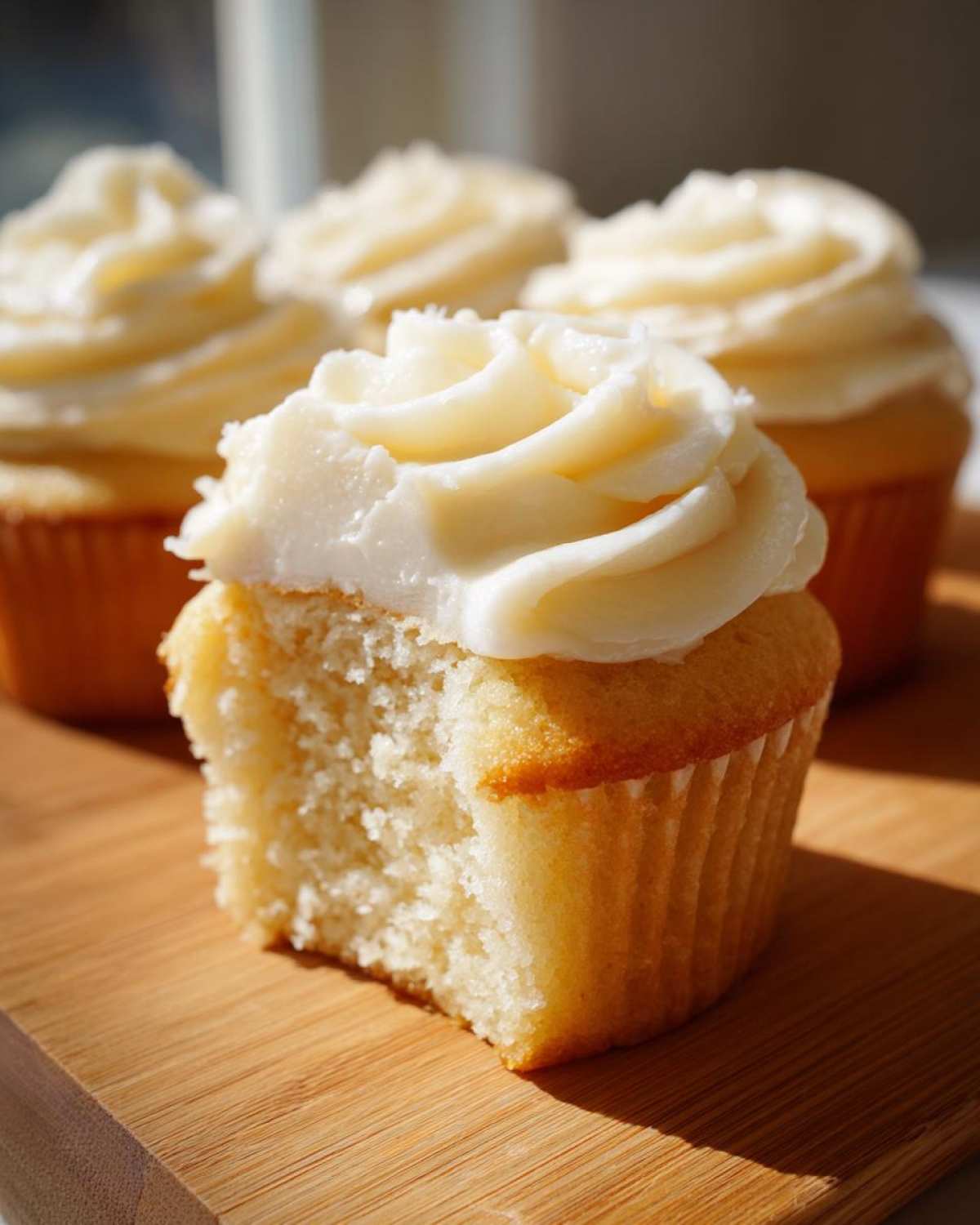 Close-up of a fluffy vanilla cupcake with white frosting, showing a bite taken out to reveal the moist crumb.