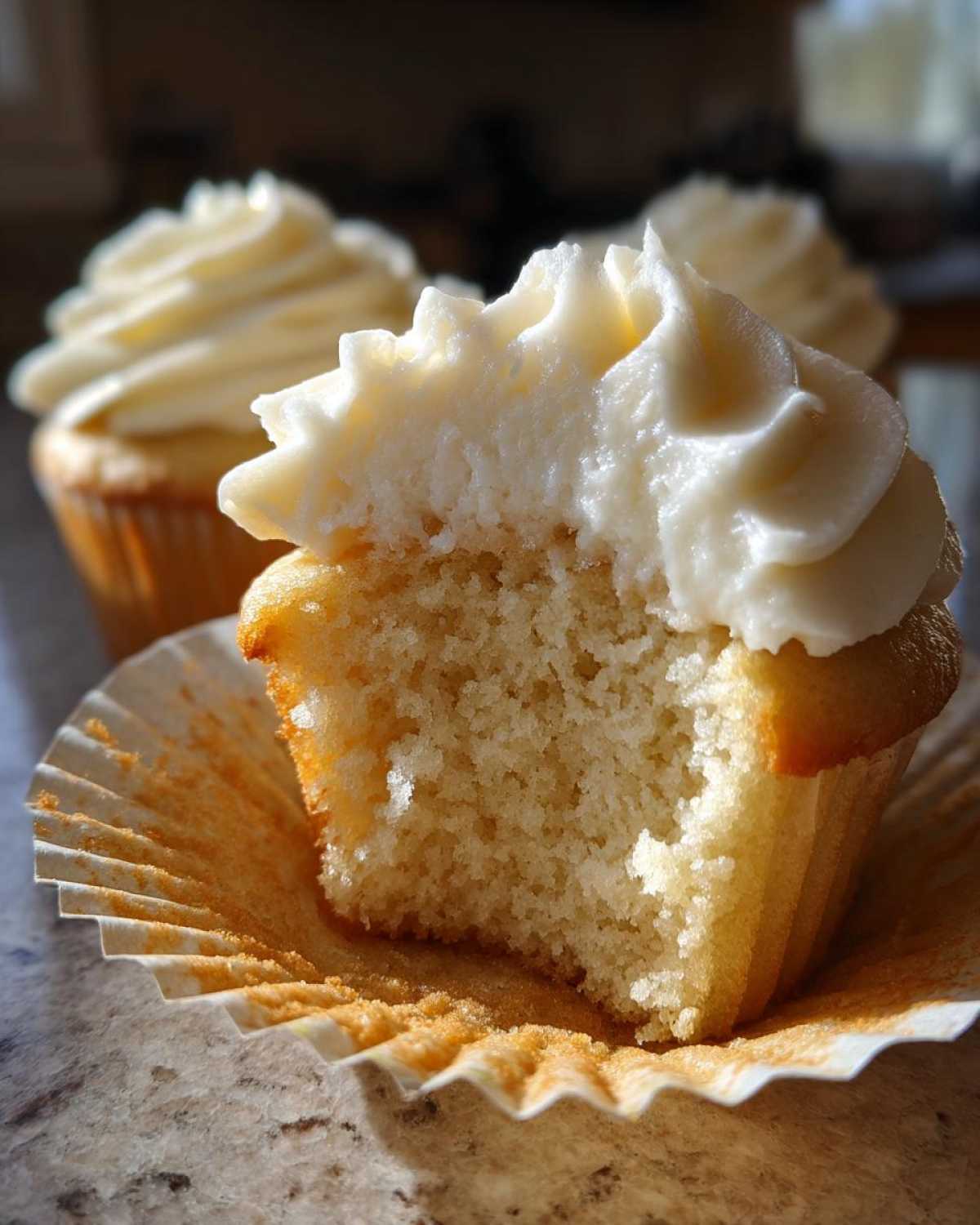 Close-up of a fluffy vanilla cupcake cut in half showing the moist crumb and rich vanilla frosting.