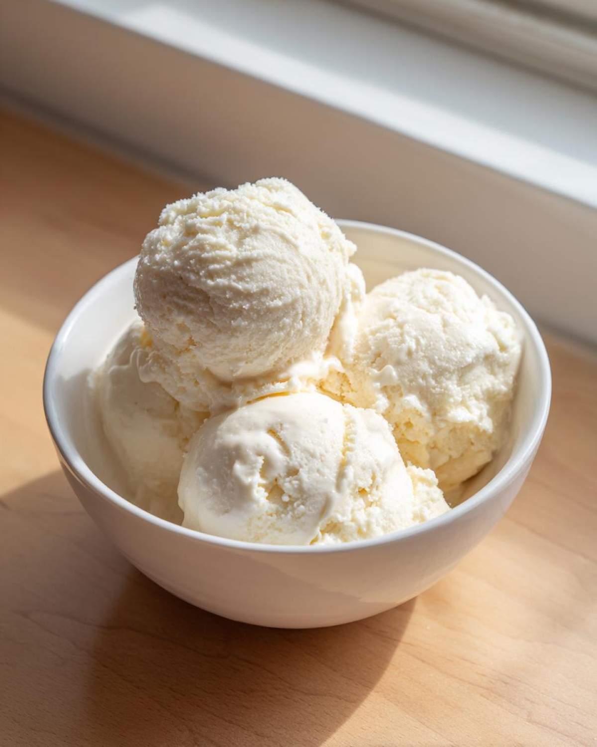 Four scoops of creamy vanilla protein ice cream served in a white bowl on a wooden surface.