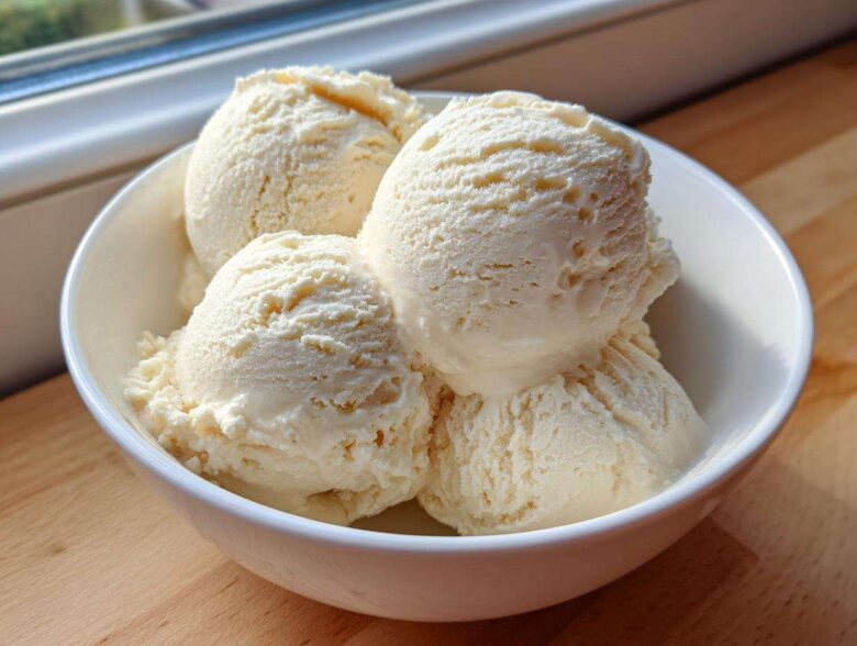 Four generous scoops of creamy, vanilla-colored protein ice cream served in a white bowl.