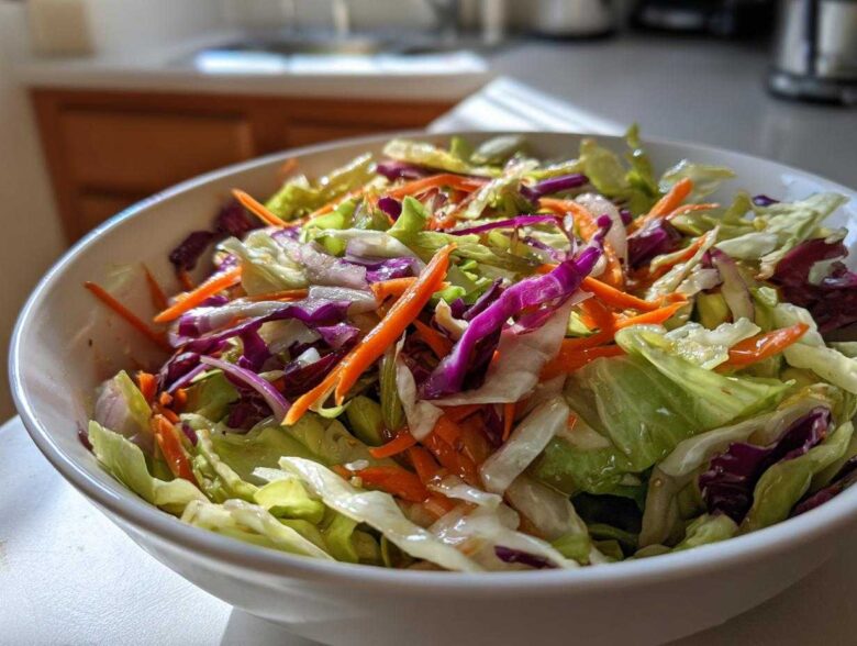 Close-up of a vibrant cabbage salad featuring shredded green and red cabbage and carrots in a white bowl.