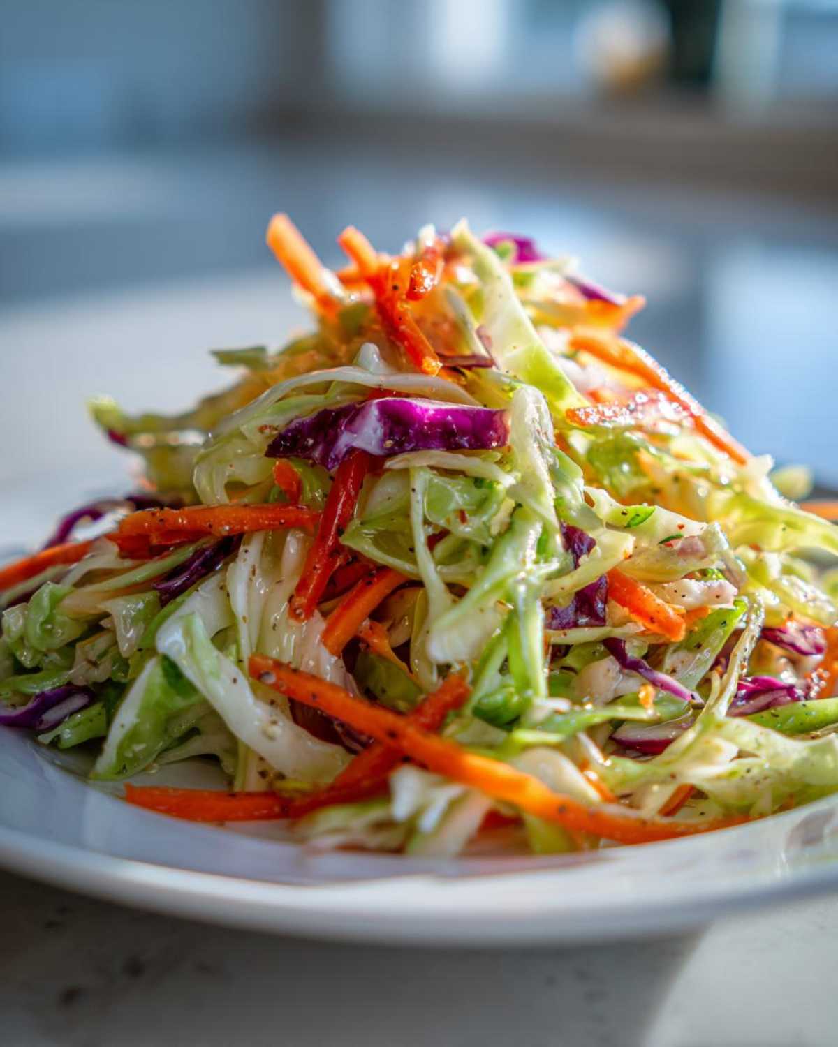 Close-up of a fresh cabbage salad with shredded green and red cabbage and carrots, lightly dressed.
