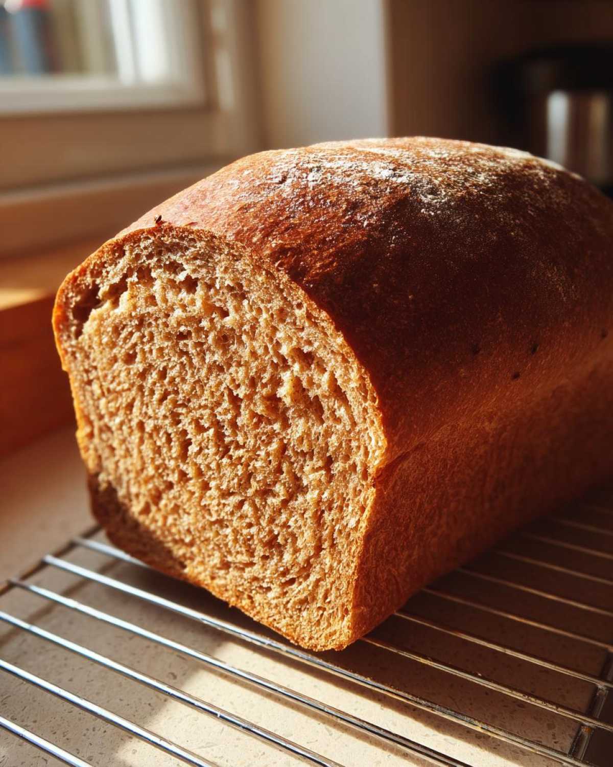 A close-up of a freshly baked loaf of whole wheat bread with a golden-brown crust, cooling on a wire rack.