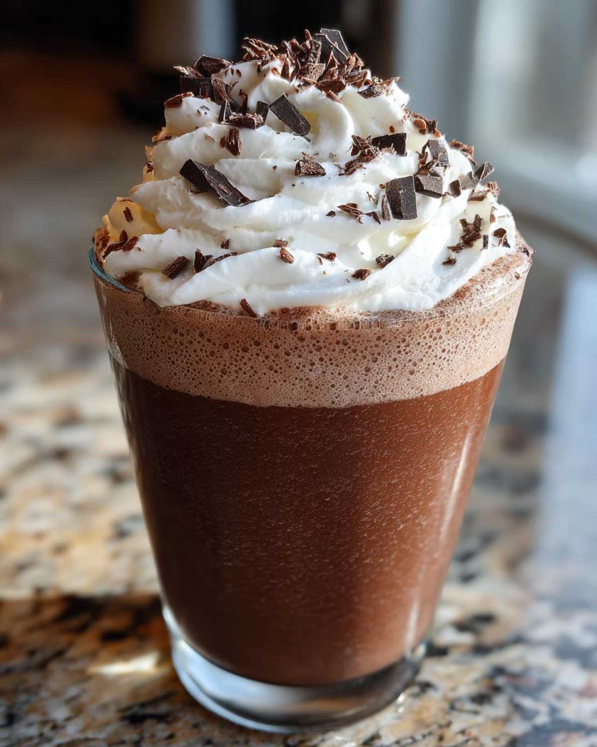 A tall glass filled with rich frozen hot chocolate, topped high with whipped cream and chocolate shavings.