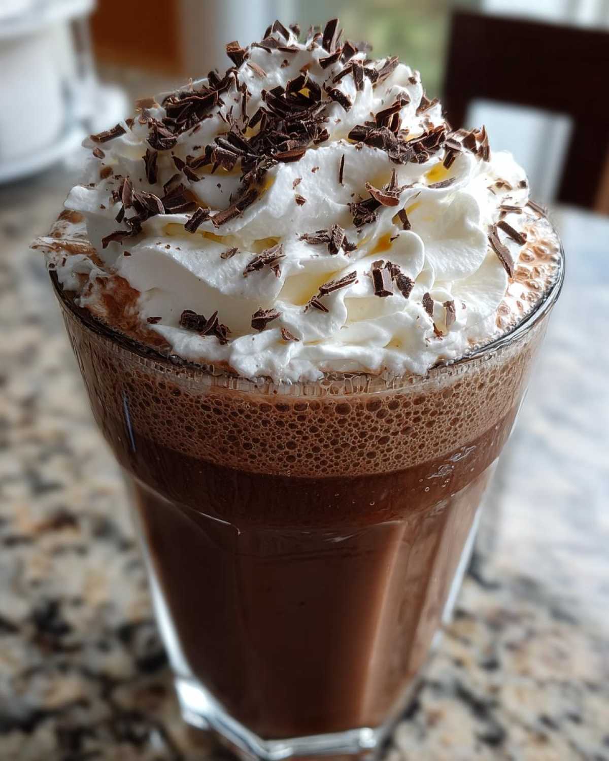A tall glass filled with rich frozen hot chocolate, topped high with whipped cream and chocolate shavings.