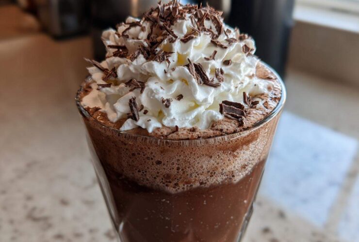 Close-up of a glass filled with blended frozen hot chocolate, topped high with whipped cream and chocolate shavings.