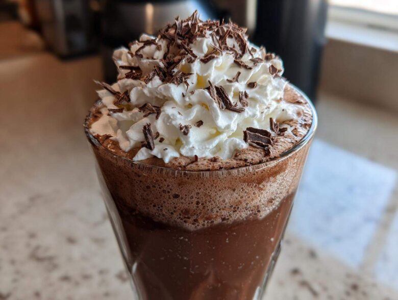 Close-up of a glass filled with blended frozen hot chocolate, topped high with whipped cream and chocolate shavings.