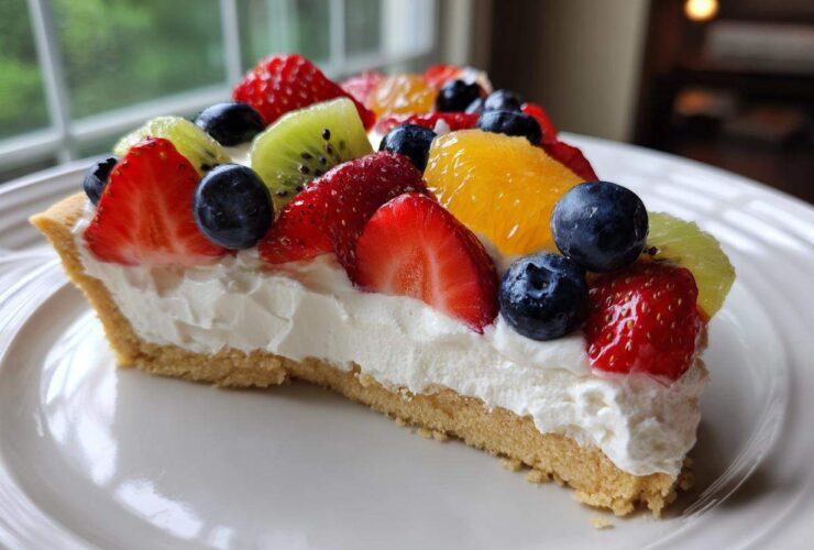A slice of fruit pizza sugar cookie topped with cream cheese frosting and fresh berries and kiwi.