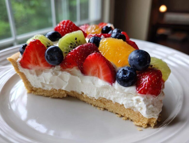 A slice of fruit pizza sugar cookie topped with cream cheese frosting and fresh berries and kiwi.